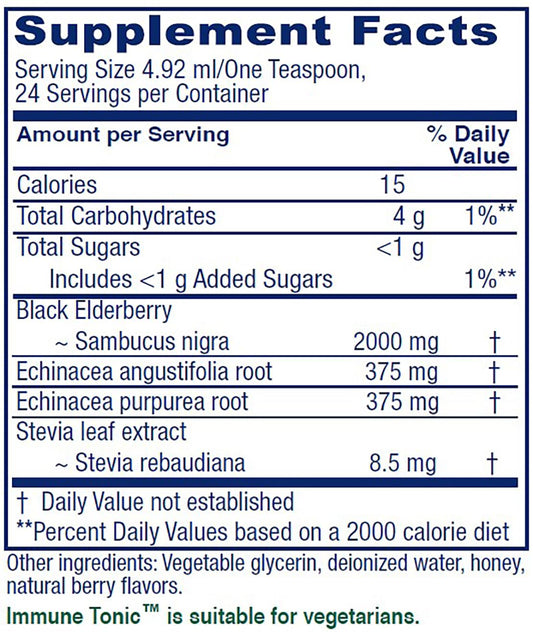 Vitanica Immune Tonic bottle back with ingredients and allergen-free notes