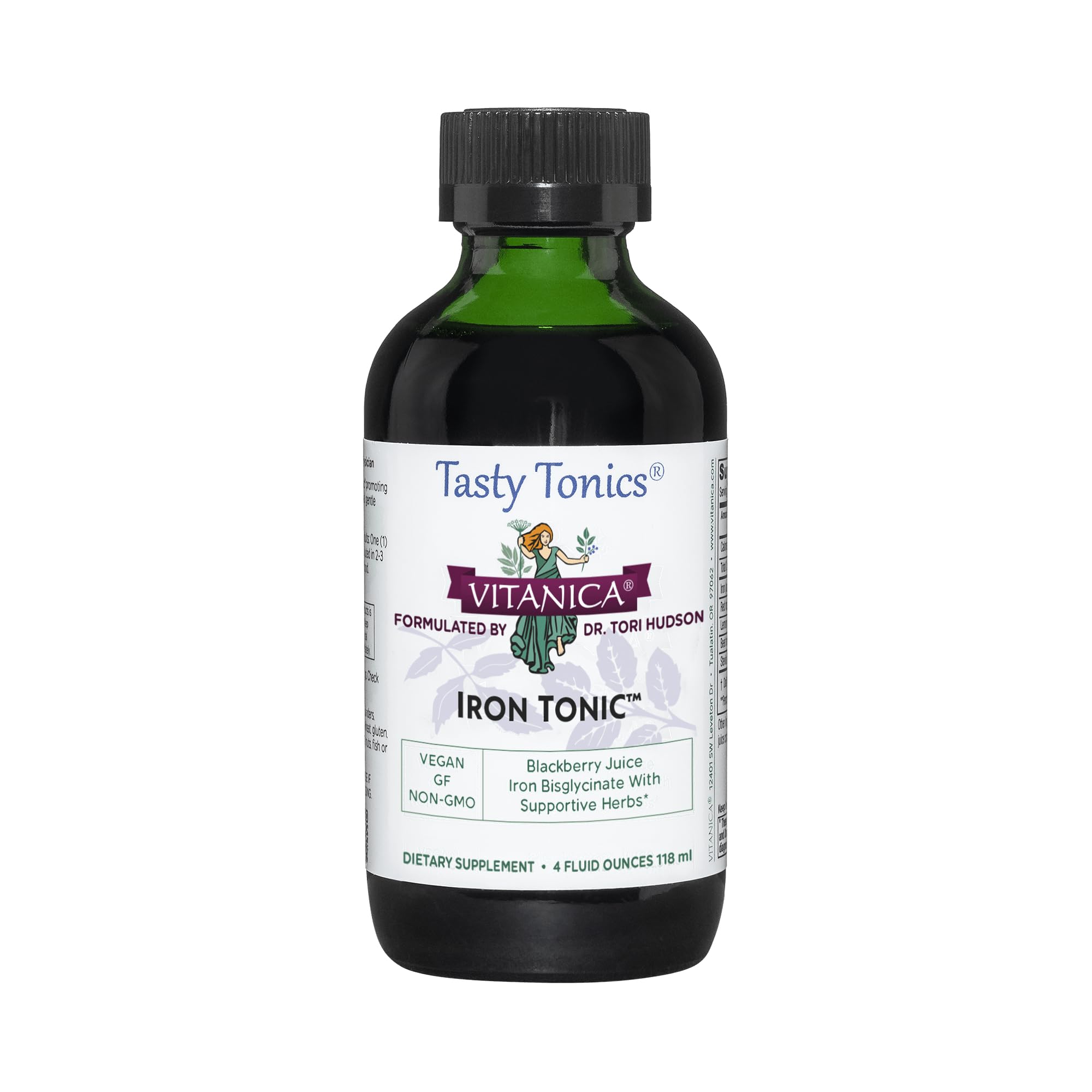 Vitanica Iron Tonic bottle in green glass supports vegan iron intake.