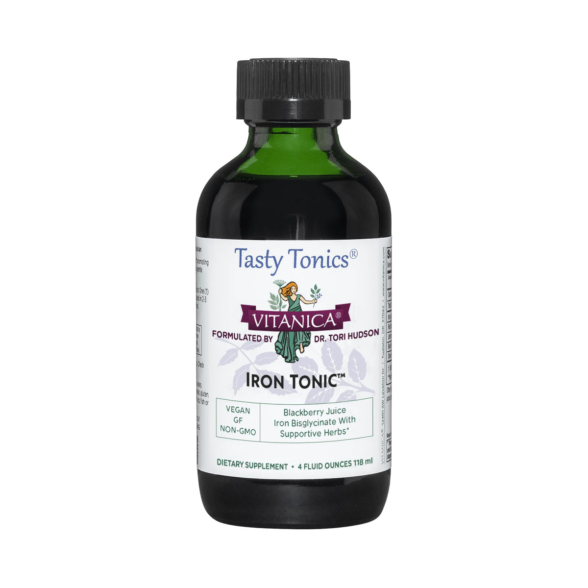 Vitanica Iron Tonic bottle in green glass supports vegan iron intake.