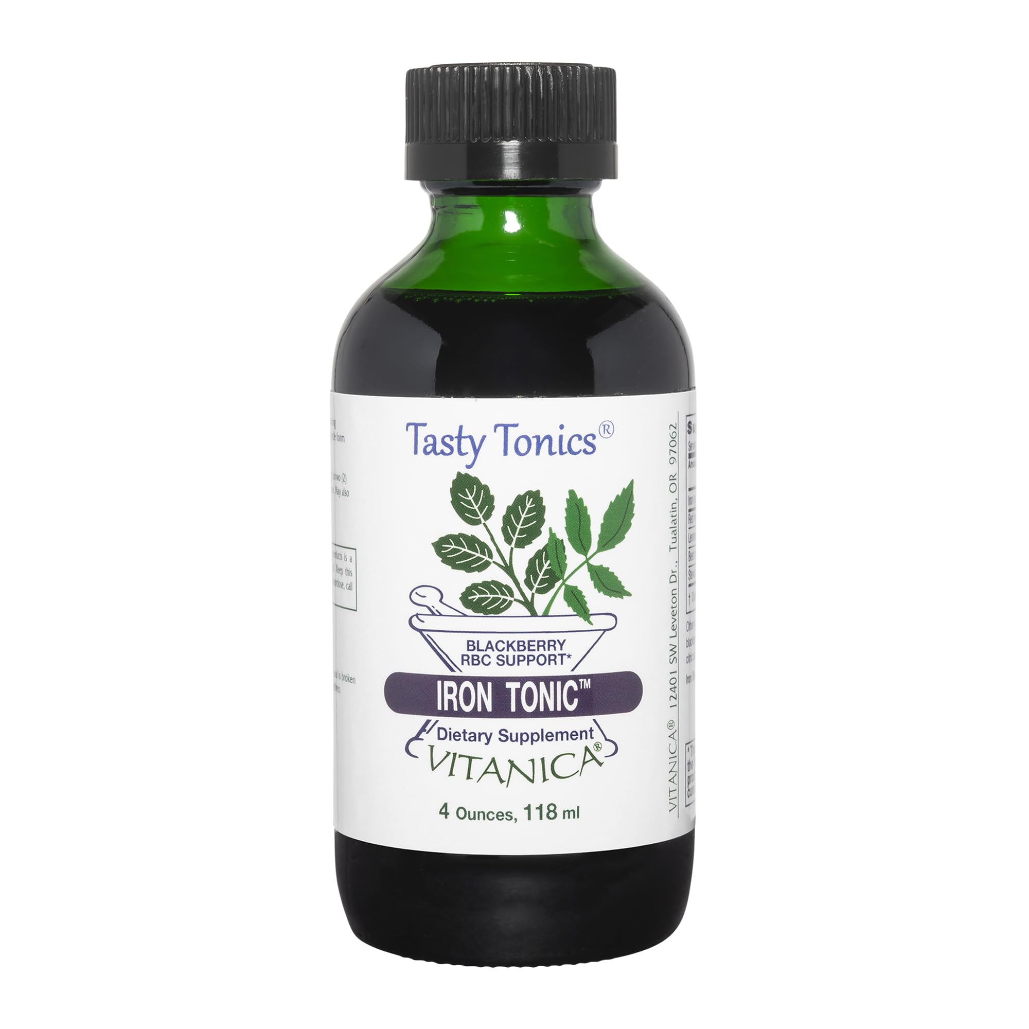 Vitanica Iron Tonic bottle with blackberry flavor for daily iron support.