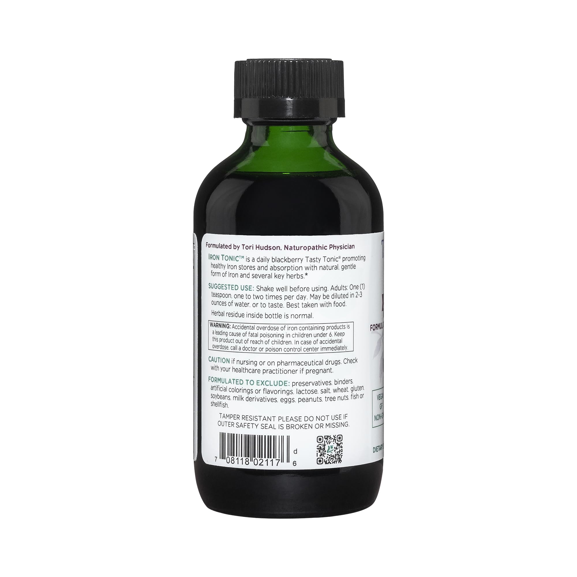 Vitanica Iron Tonic label close-up highlights allergen-free formulation.