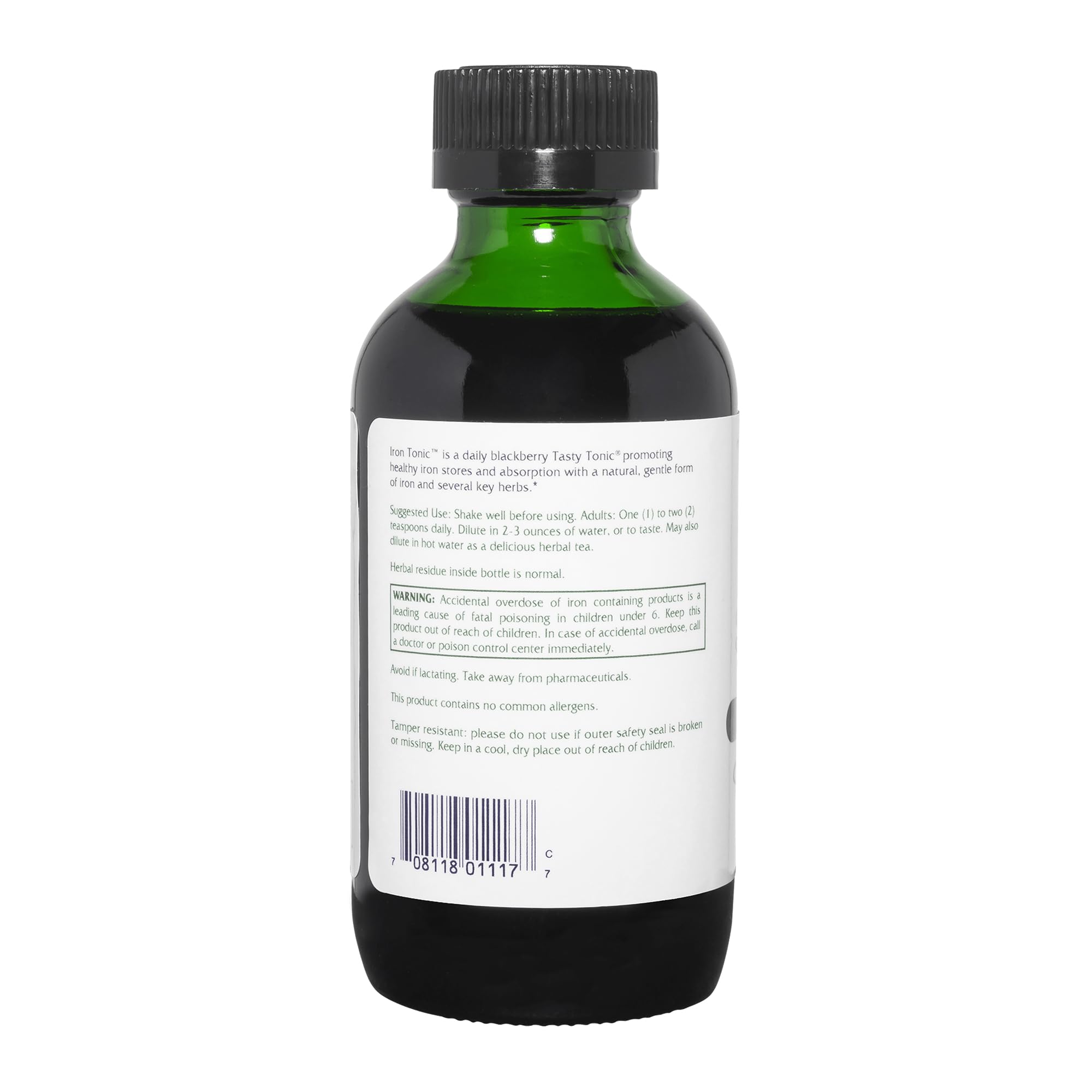 Vitanica Iron Tonic label highlighting vegan and non-GMO ingredients.