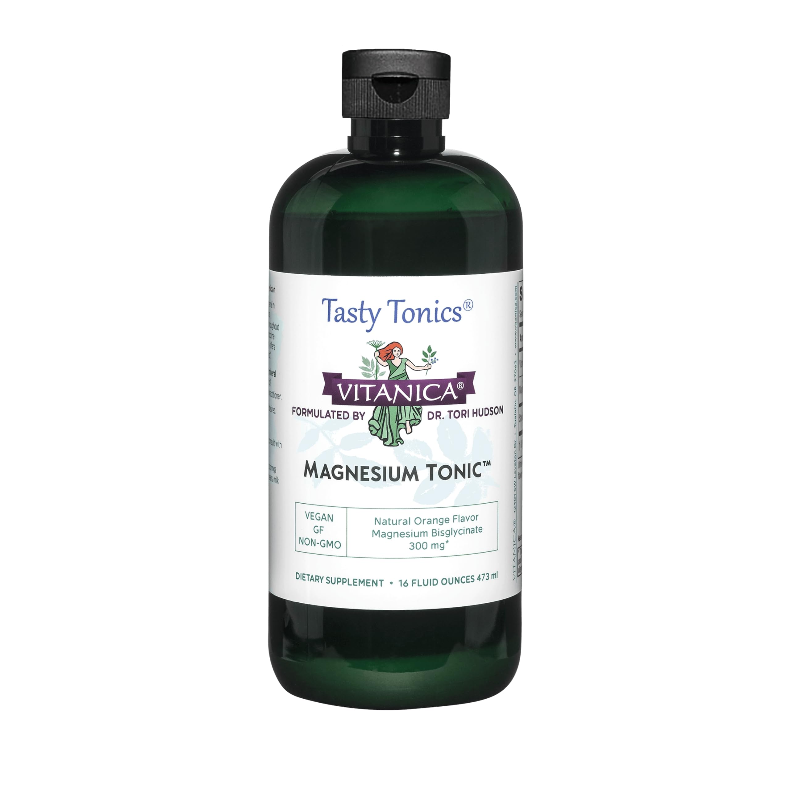 Vitanica Magnesium Tonic bottle being poured, showcasing convenient liquid form for daily use.
