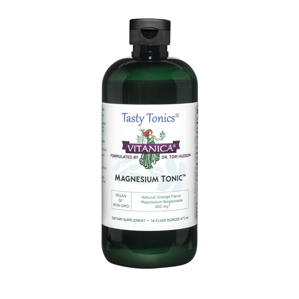 Vitanica Magnesium Tonic bottle being poured, showcasing convenient liquid form for daily use.