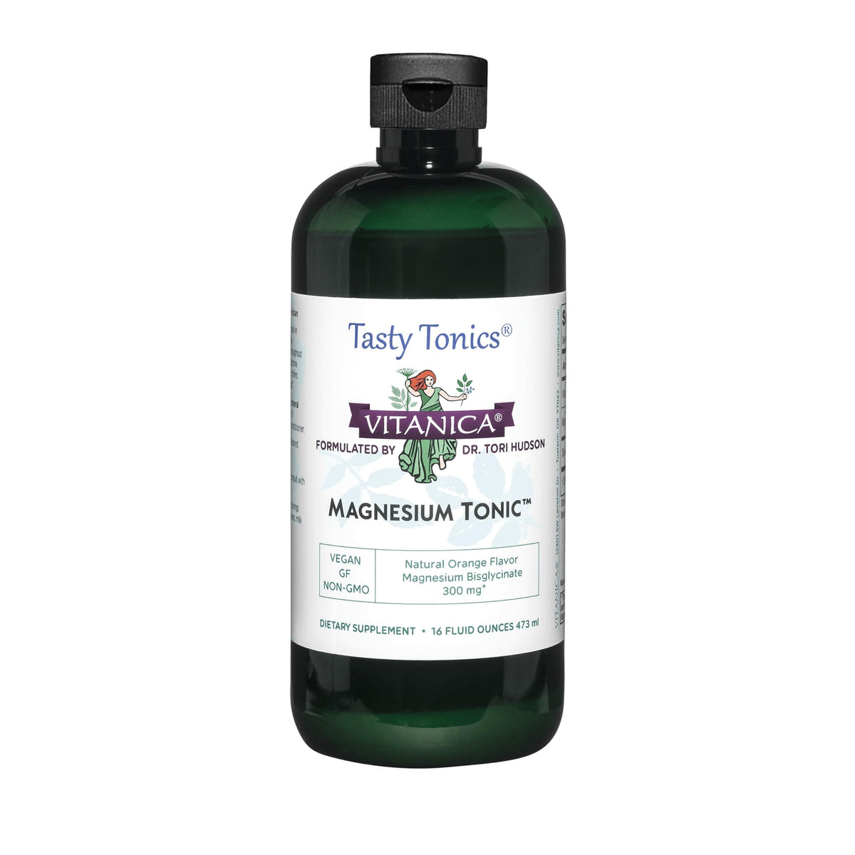 Vitanica Magnesium Tonic bottle being poured, showcasing convenient liquid form for daily use.