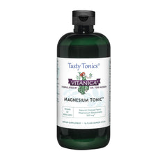 Vitanica Magnesium Tonic bottle being poured, showcasing convenient liquid form for daily use.