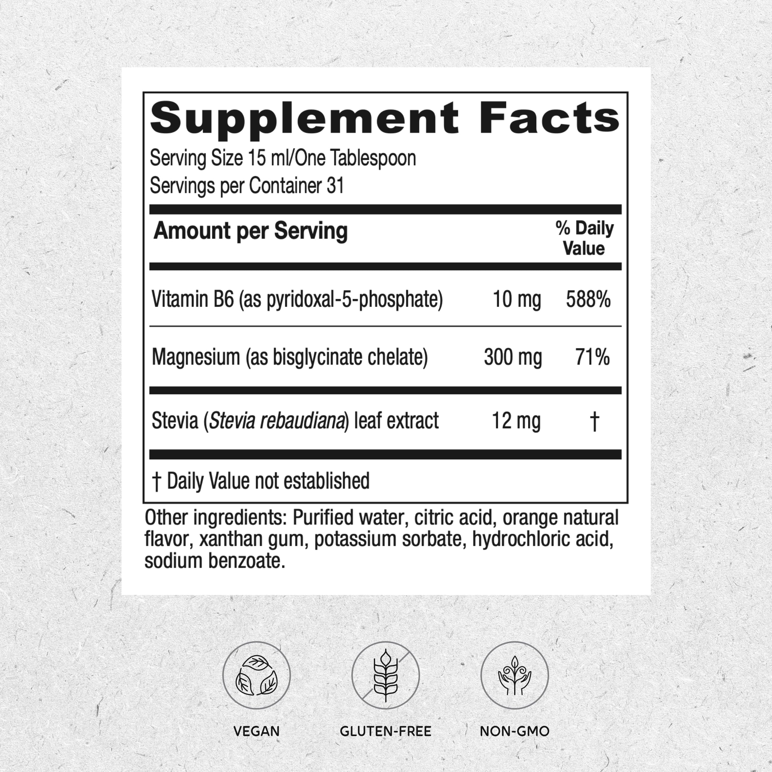 Close-up of the orange flavor label on Vitanica Magnesium Tonic.
