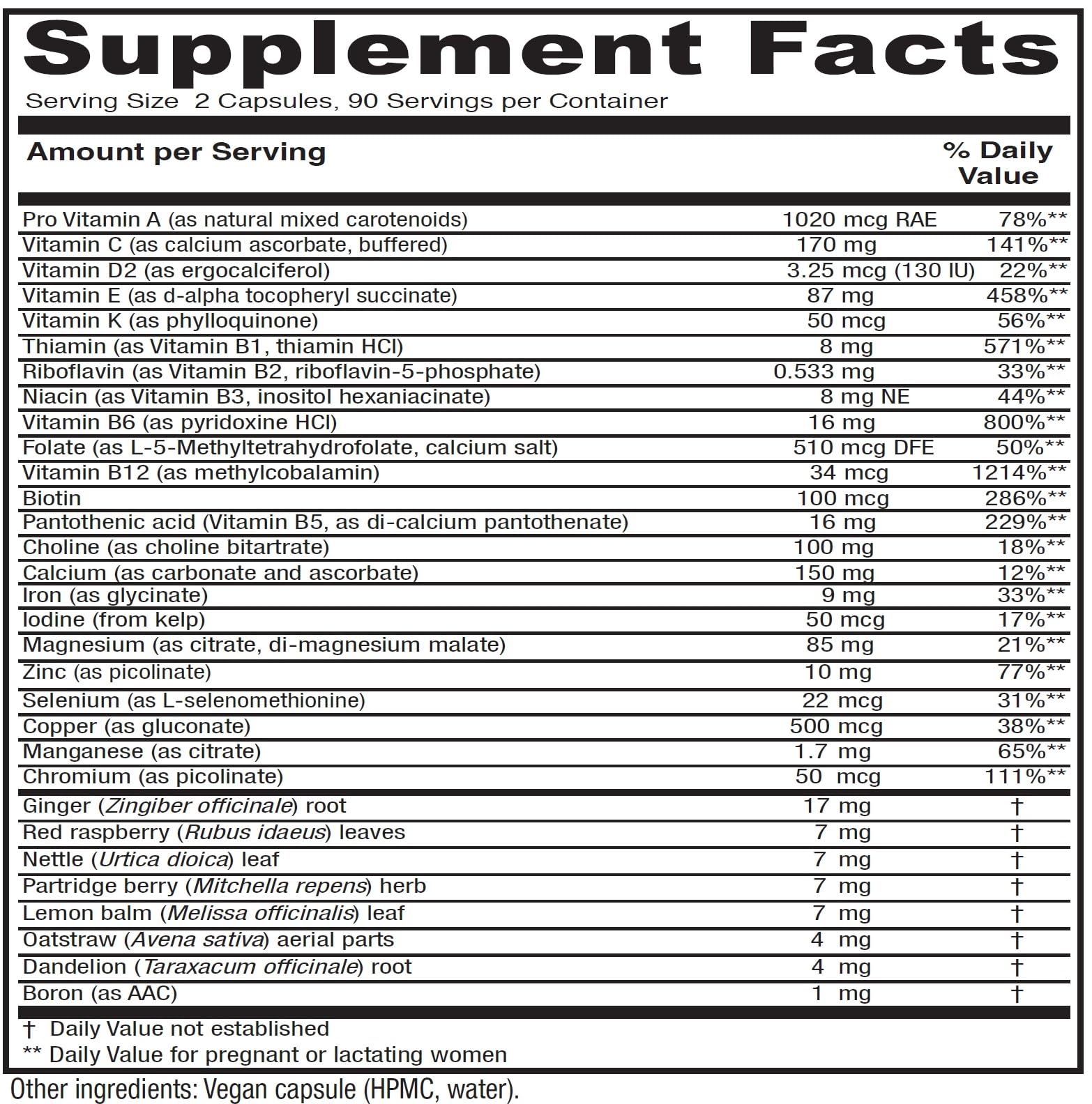 Vitanica Maternal Symmetry bottle back nutrition label emphasizes high potency minerals