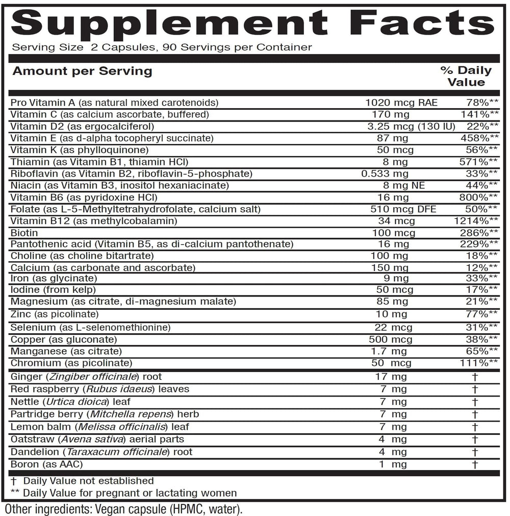 Vitanica Maternal Symmetry bottle back nutrition label emphasizes high potency minerals