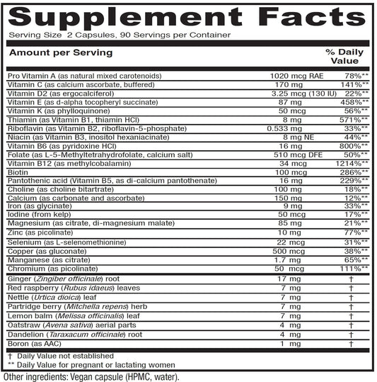 Vitanica Maternal Symmetry bottle back nutrition label emphasizes high potency minerals