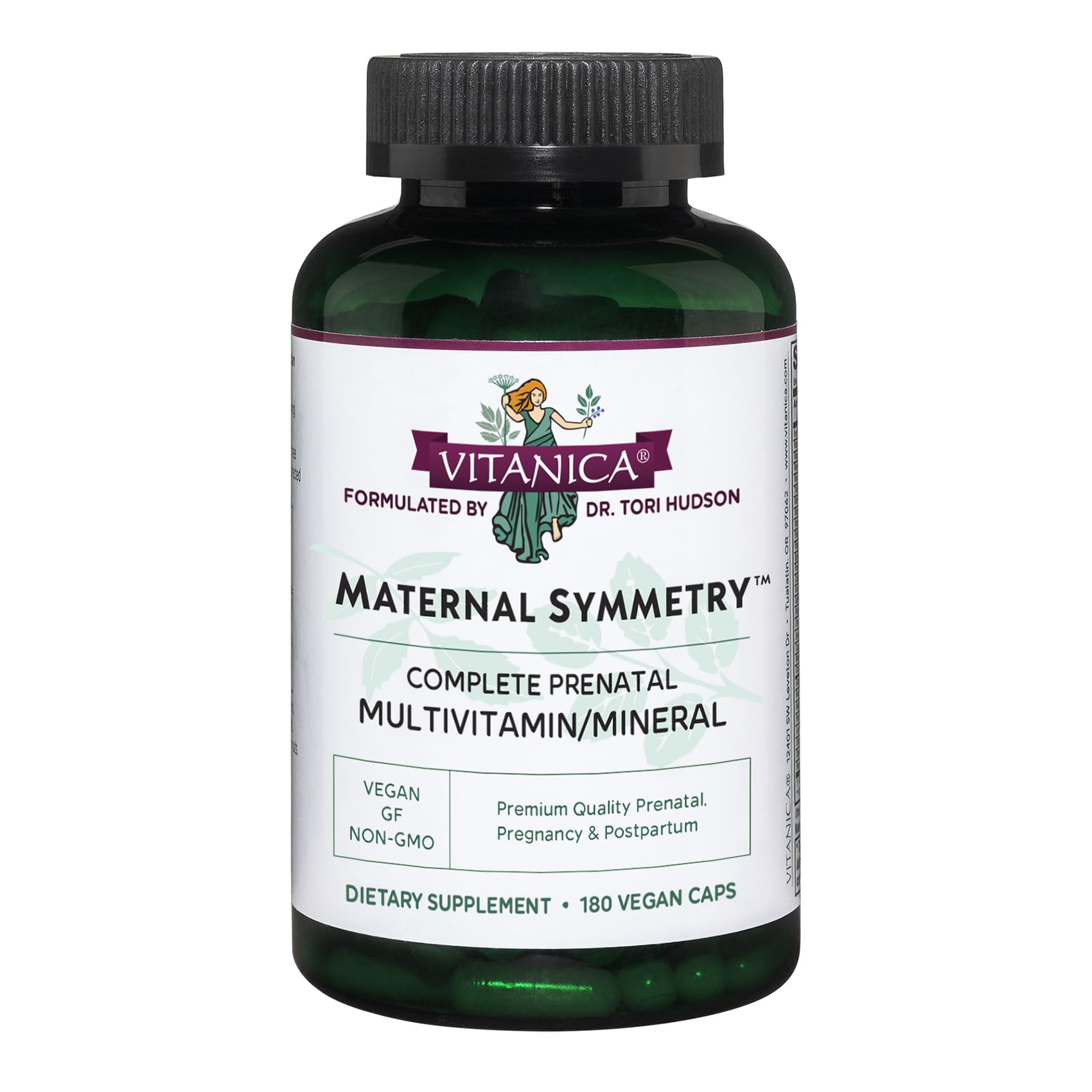 Vitanica Maternal Symmetry bottle front shows vegan prenatal support for daily wellness