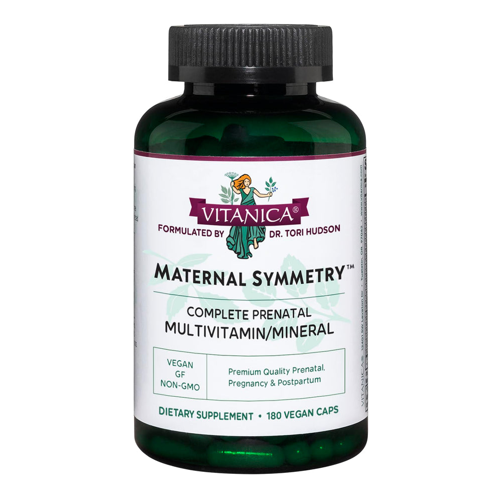 Vitanica Maternal Symmetry bottle front shows vegan prenatal support for daily wellness