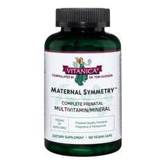 Vitanica Maternal Symmetry bottle front shows vegan prenatal support for daily wellness