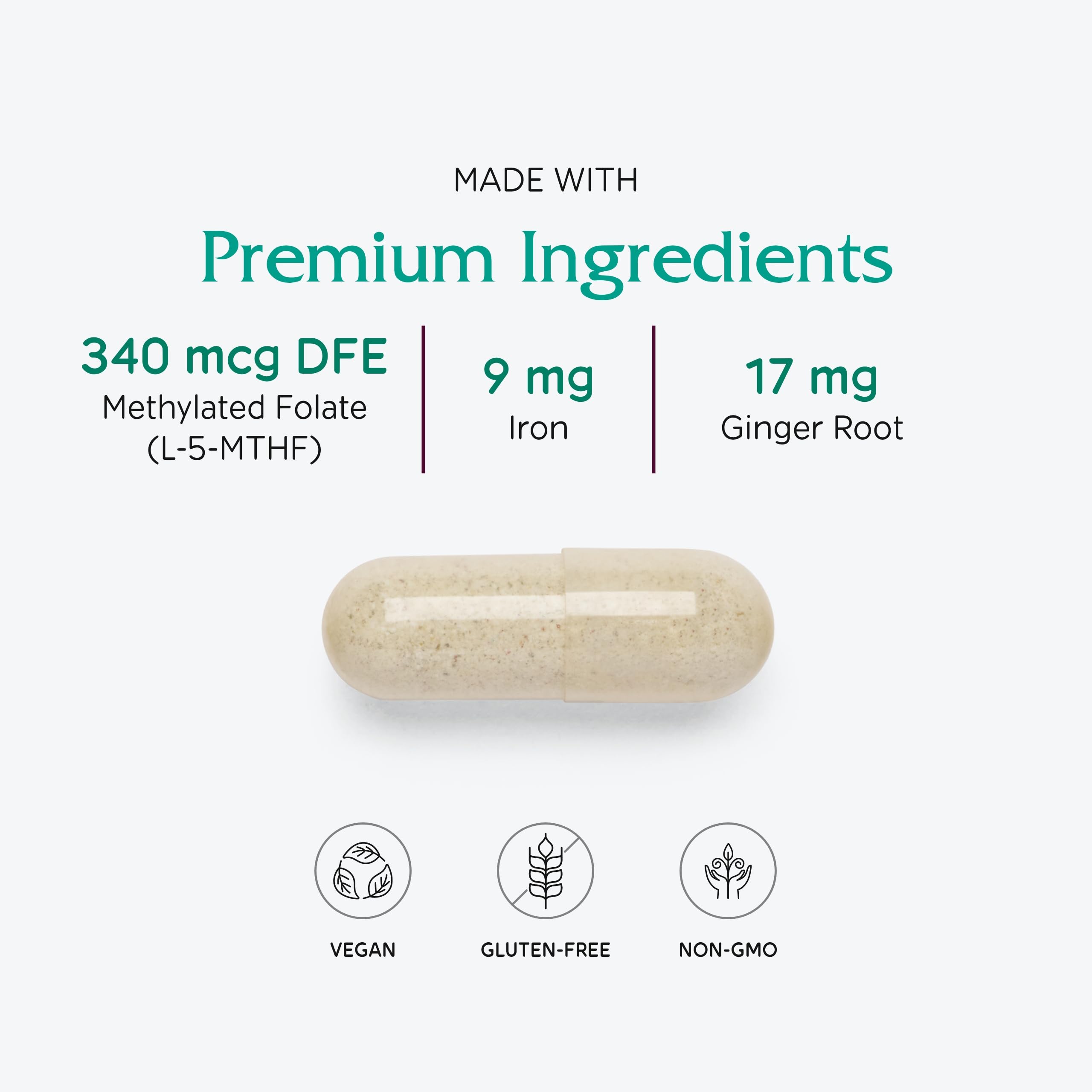 Vitanica Maternal Symmetry capsules closeup highlights small, easy-to-swallow vegan capsules