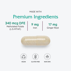 Vitanica Maternal Symmetry capsules closeup highlights small, easy-to-swallow vegan capsules