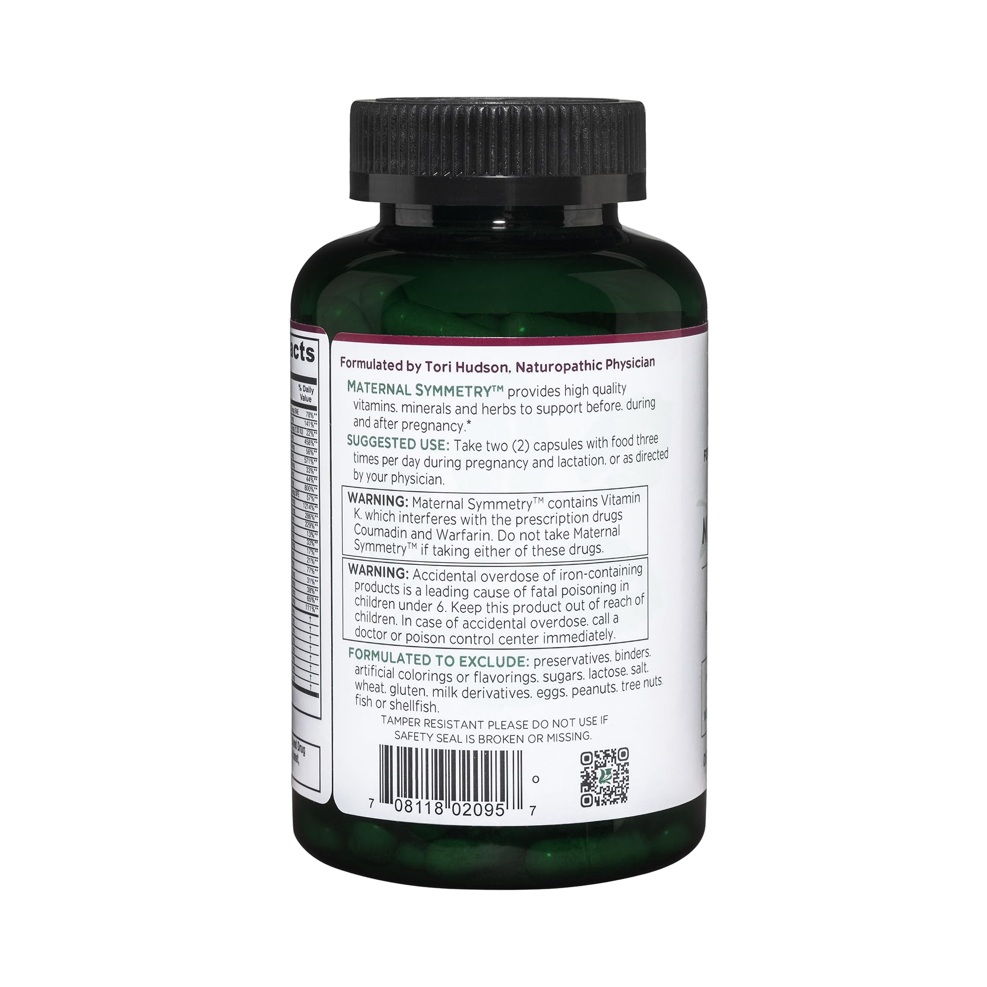 Vitanica Maternal Symmetry packaging with vegan label communicates plant-based, allergen-free formulation