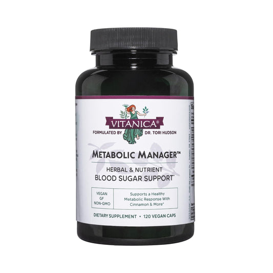 Vitanica Metabolic Manager bottle front showing vegan herbal blend for daily metabolic support
