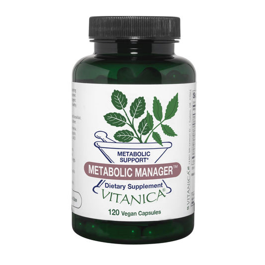Vitanica Metabolic Manager bottle front with capsules for healthy metabolism possibilities
