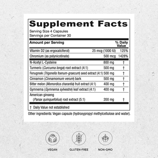 Close-up of Vitanica Metabolic Manager capsules highlighting the vegan antioxidant formulation for wellness