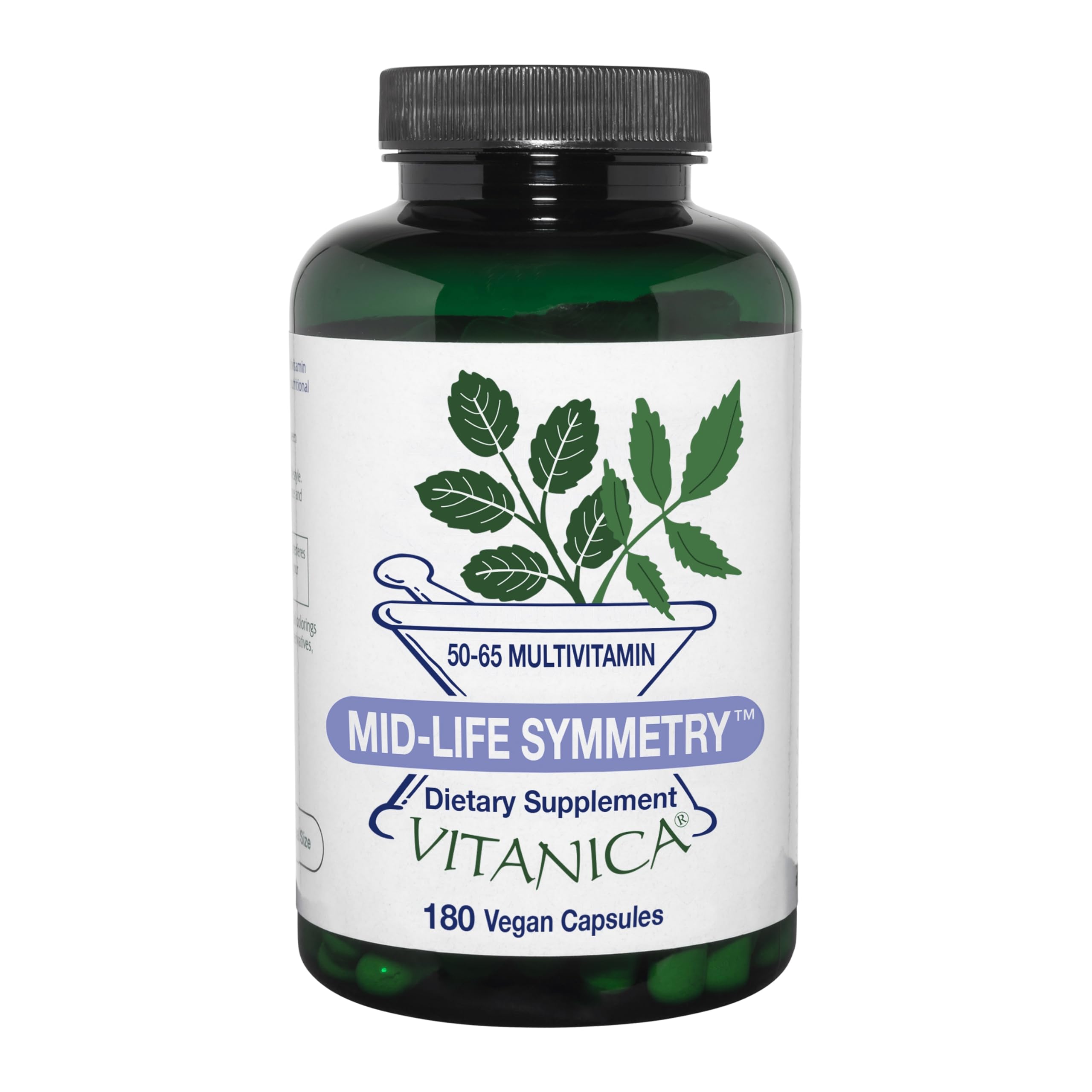 Vitanica Mid-Life Symmetry bottle front, vegan multivitamin for 50–65 with bone and immune support.