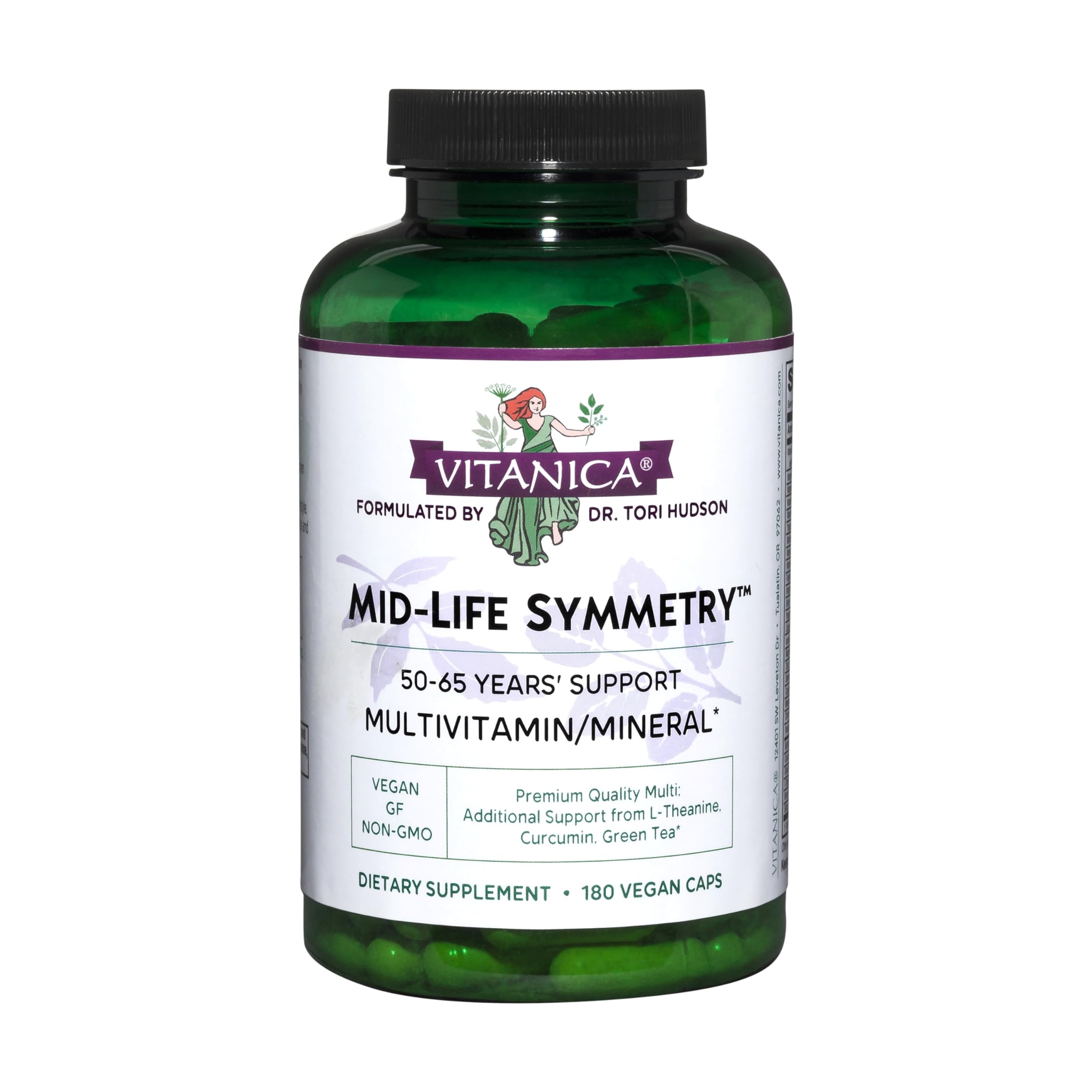 Vitanica Mid-Life Symmetry bottle front, vegan multivitamin for mature women.