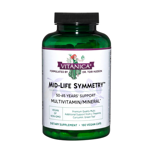 Vitanica Mid-Life Symmetry bottle front, vegan multivitamin for mature women.