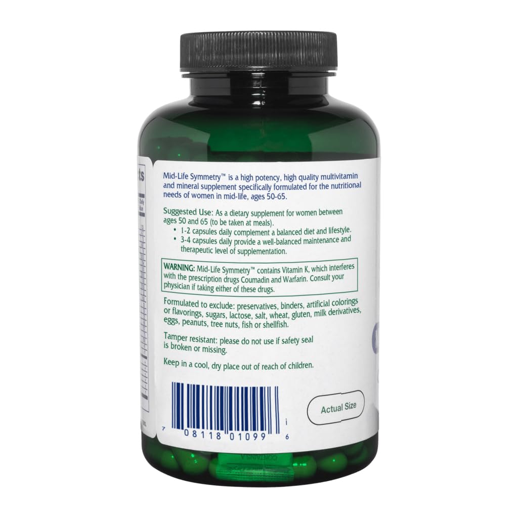 Vitanica Mid-Life Symmetry cap dosage, 180 vegan capsules for daily wellness.