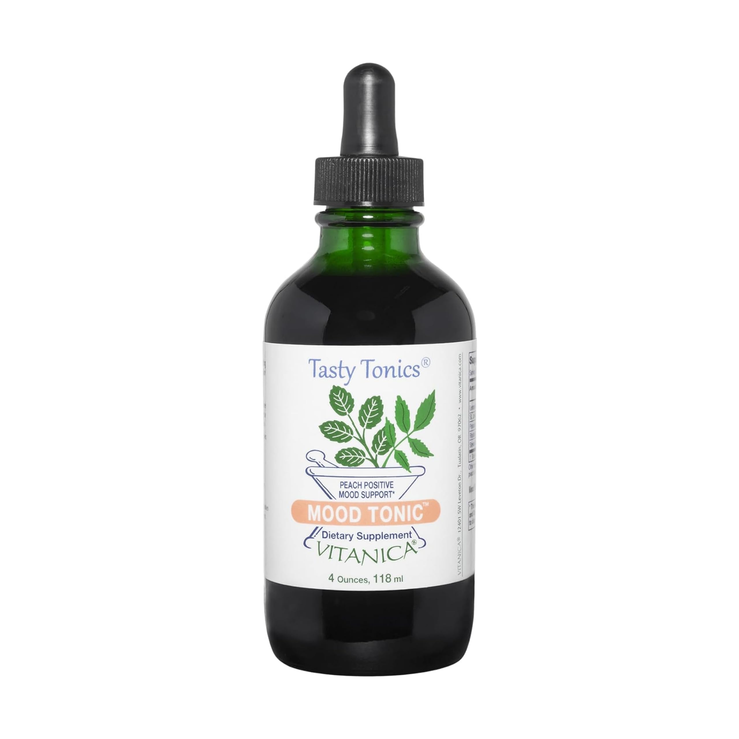 Vitanica Mood Tonic peach bottle closeup showing botanical blend for daily mood support