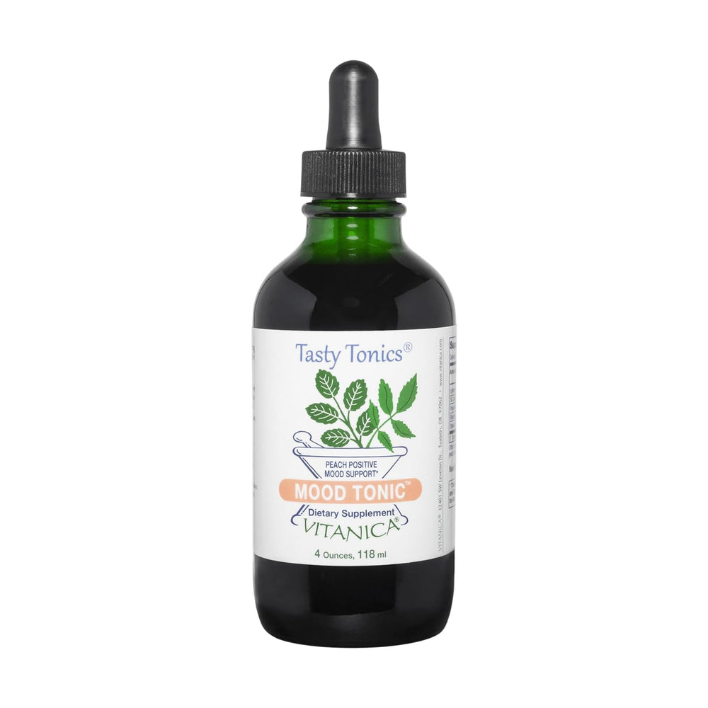 Vitanica Mood Tonic peach bottle closeup showing botanical blend for daily mood support