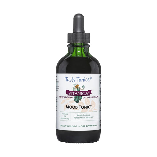 Vitanica Mood Tonic peach bottle front showing calm mood support concept
