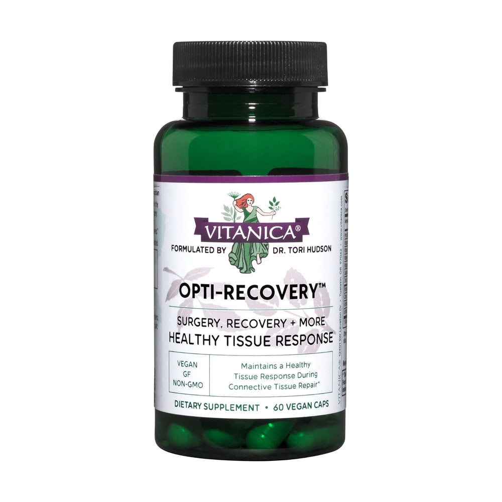 Vitanica Opti-Recovery bottle front showing post-surgery support focus