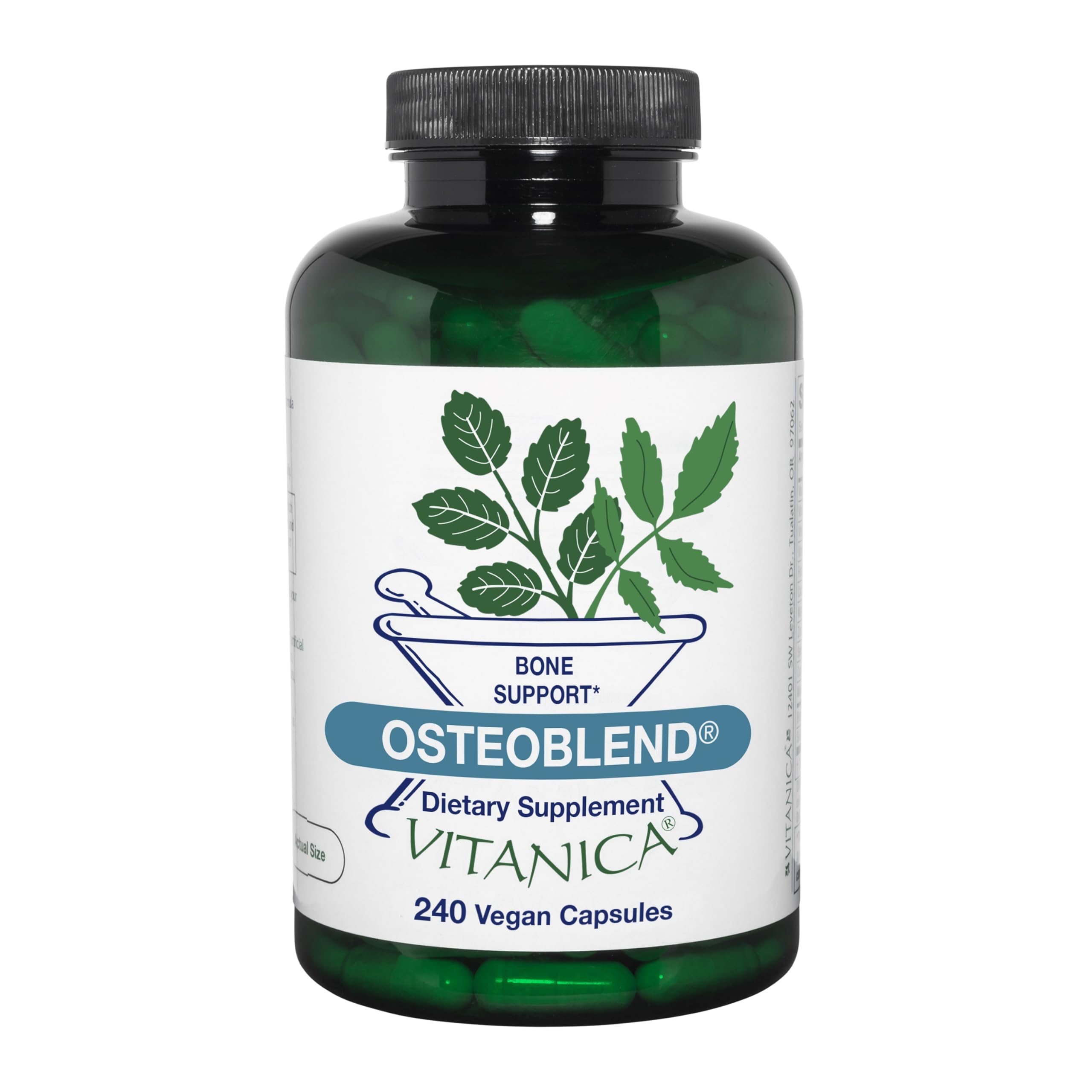 Vitanica OsteoBlend bottle front shows vegan bone support for daily wellness.
