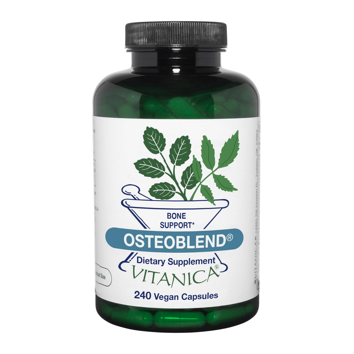 Vitanica OsteoBlend bottle front shows vegan bone support for daily wellness.