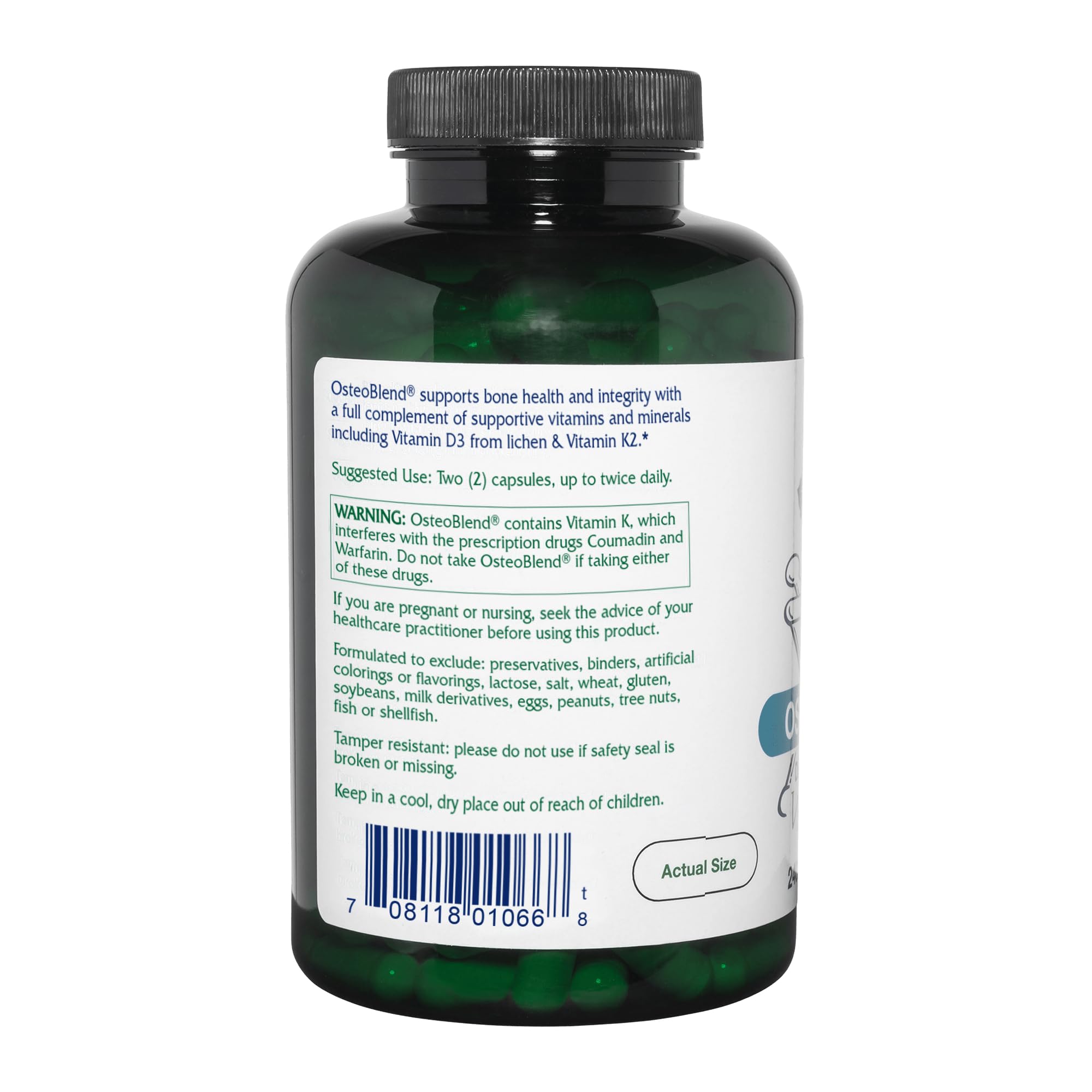 Vitanica OsteoBlend capsules close-up highlights plant-based minerals for bone health.