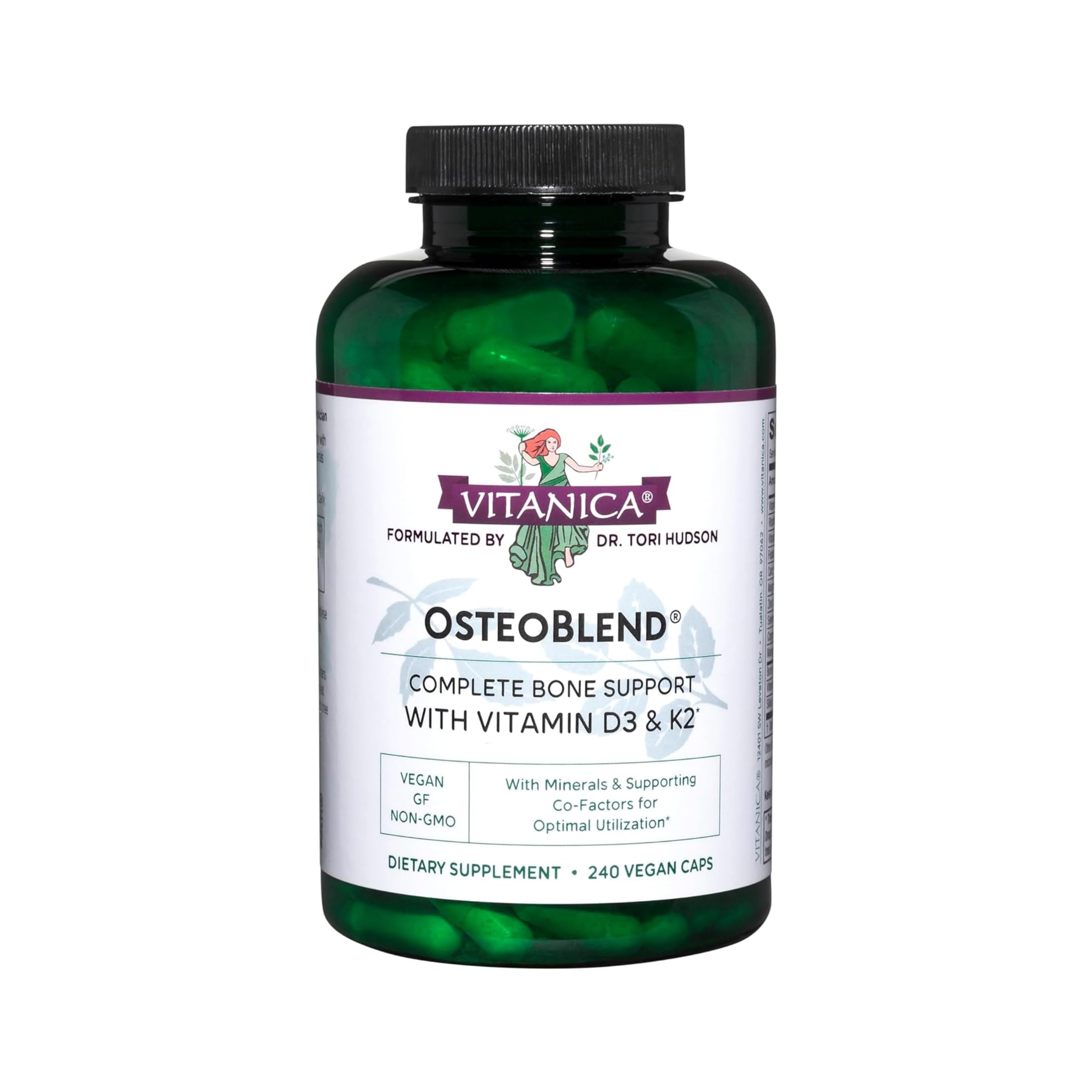 Vitanica OsteoBlend bottle front view emphasizing vegan bone support.