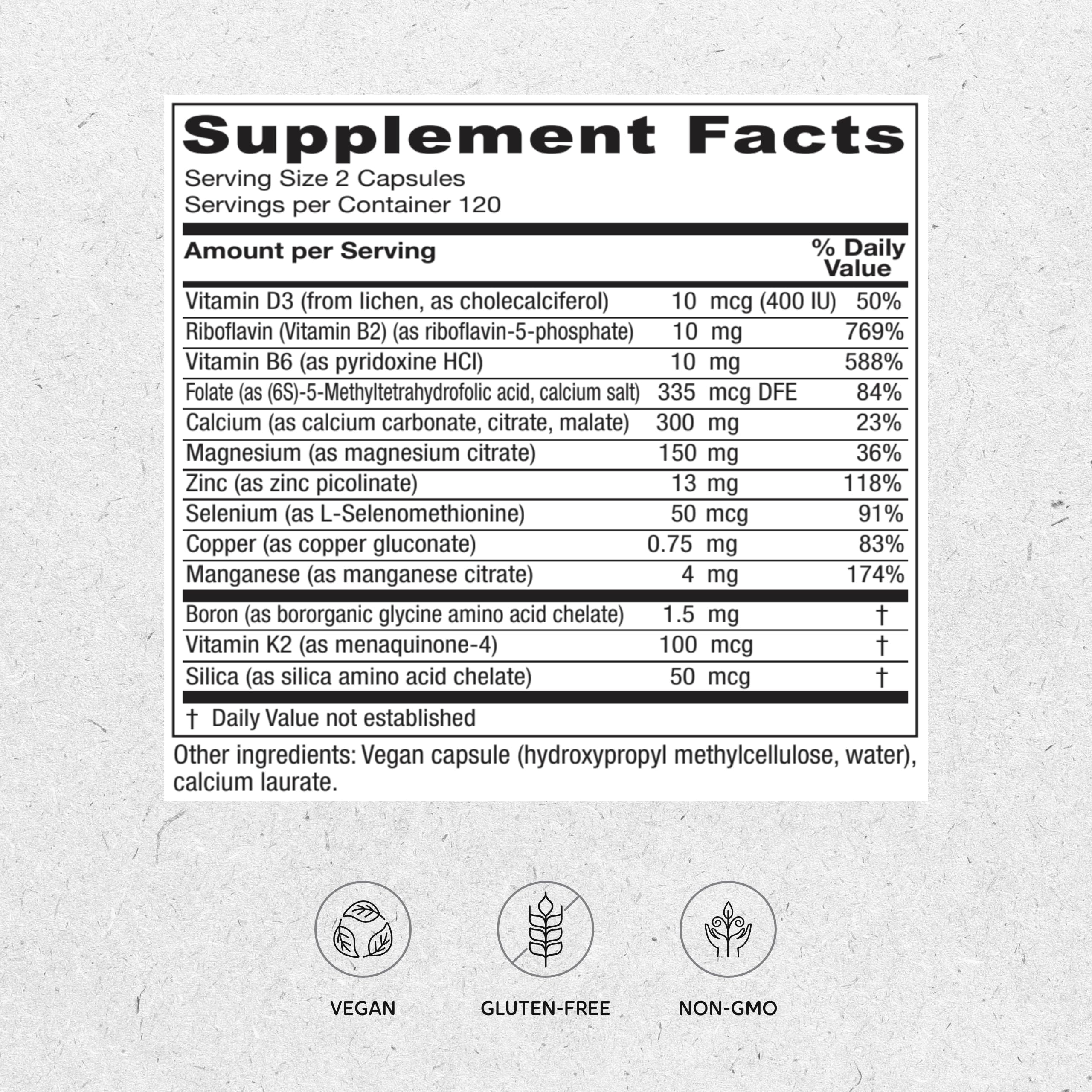 Vitanica OsteoBlend bottle label highlights vegan bone support and vitamin D.