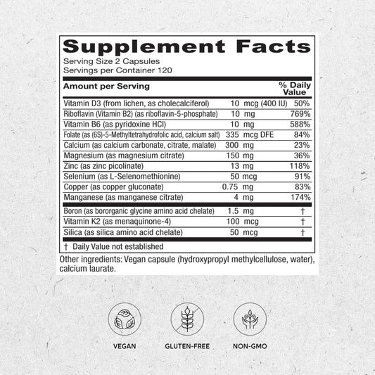 Vitanica OsteoBlend bottle label highlights vegan bone support and vitamin D.
