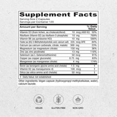 Vitanica OsteoBlend bottle label highlights vegan bone support and vitamin D.