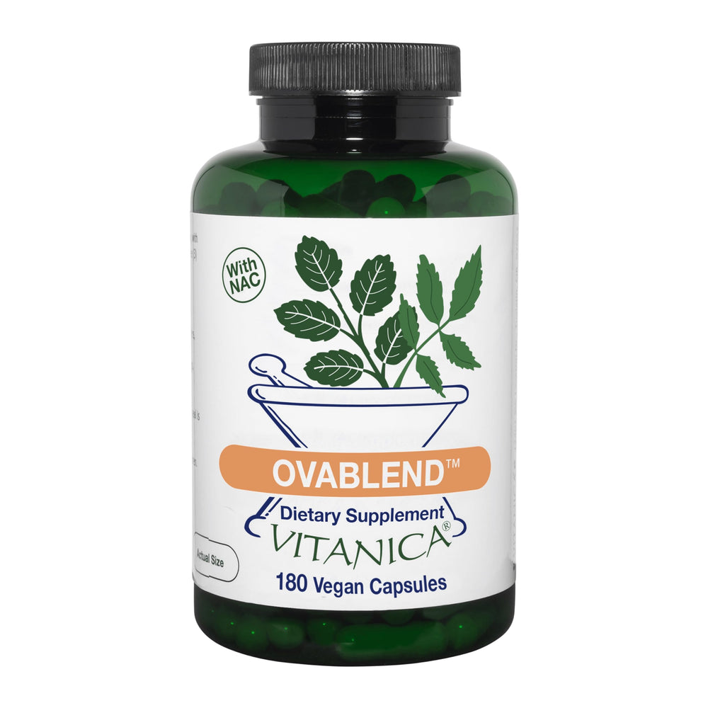 Vitanica OvaBlend bottle front view showing vegan capsules for endocrine support and ovulation