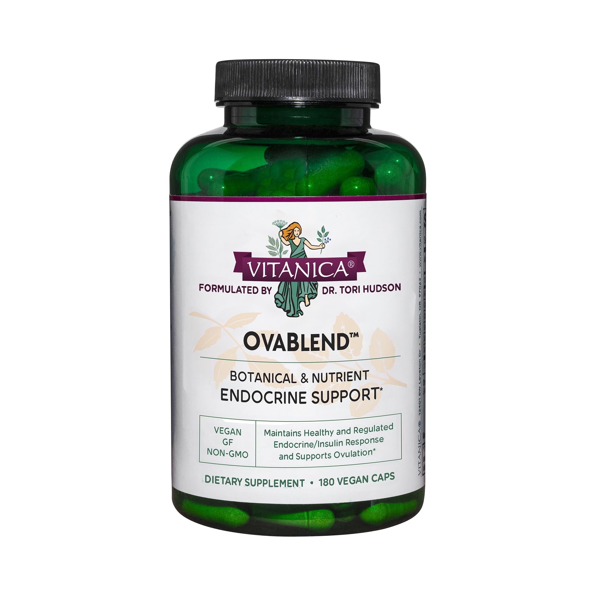 Vitanica OvaBlend bottle highlighting endocrine support for healthy ovulation.