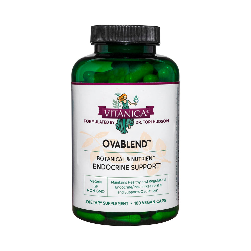 Vitanica OvaBlend bottle highlighting endocrine support for healthy ovulation.