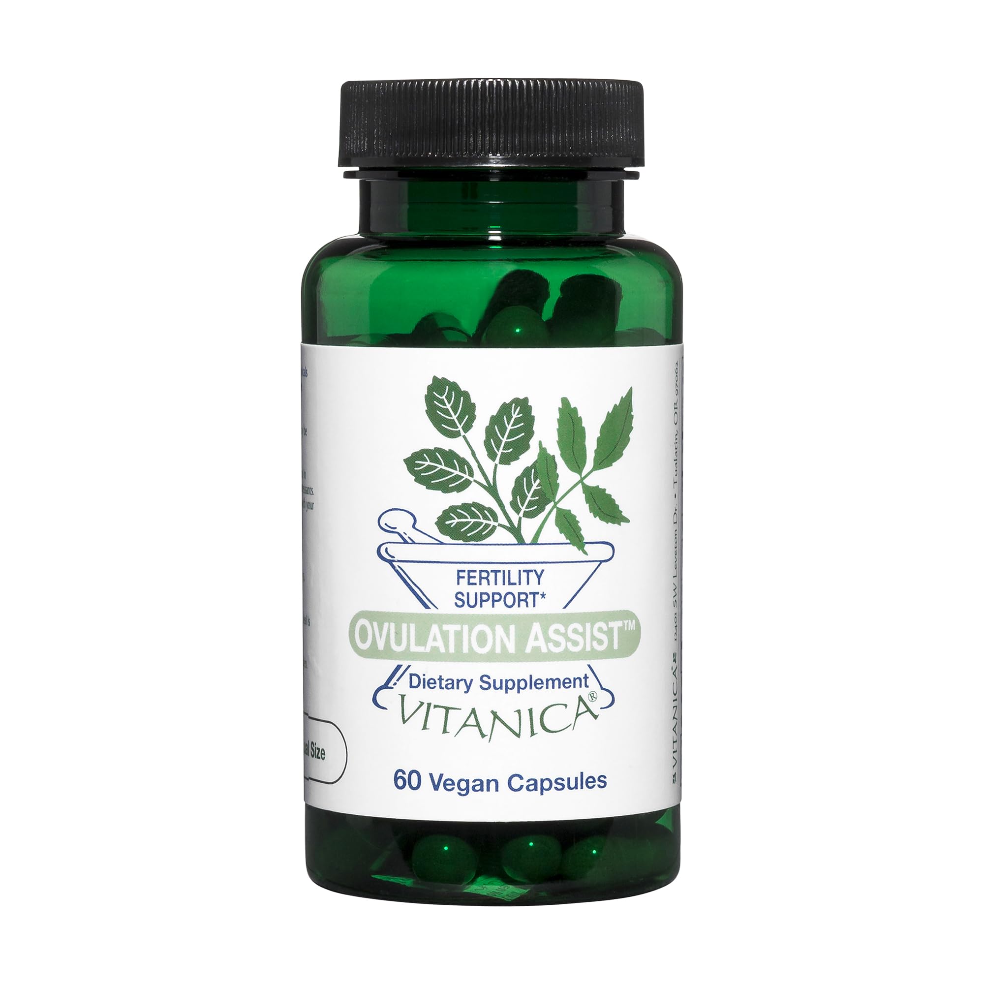 Vitanica Ovulation Assist bottle front with vegan capsules for hormone balance support.