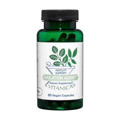 Vitanica Ovulation Assist bottle front with vegan capsules for hormone balance support.