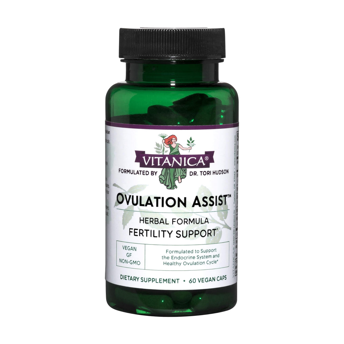 Vitanica Ovulation Assist bottle label close-up showing product details for balance support