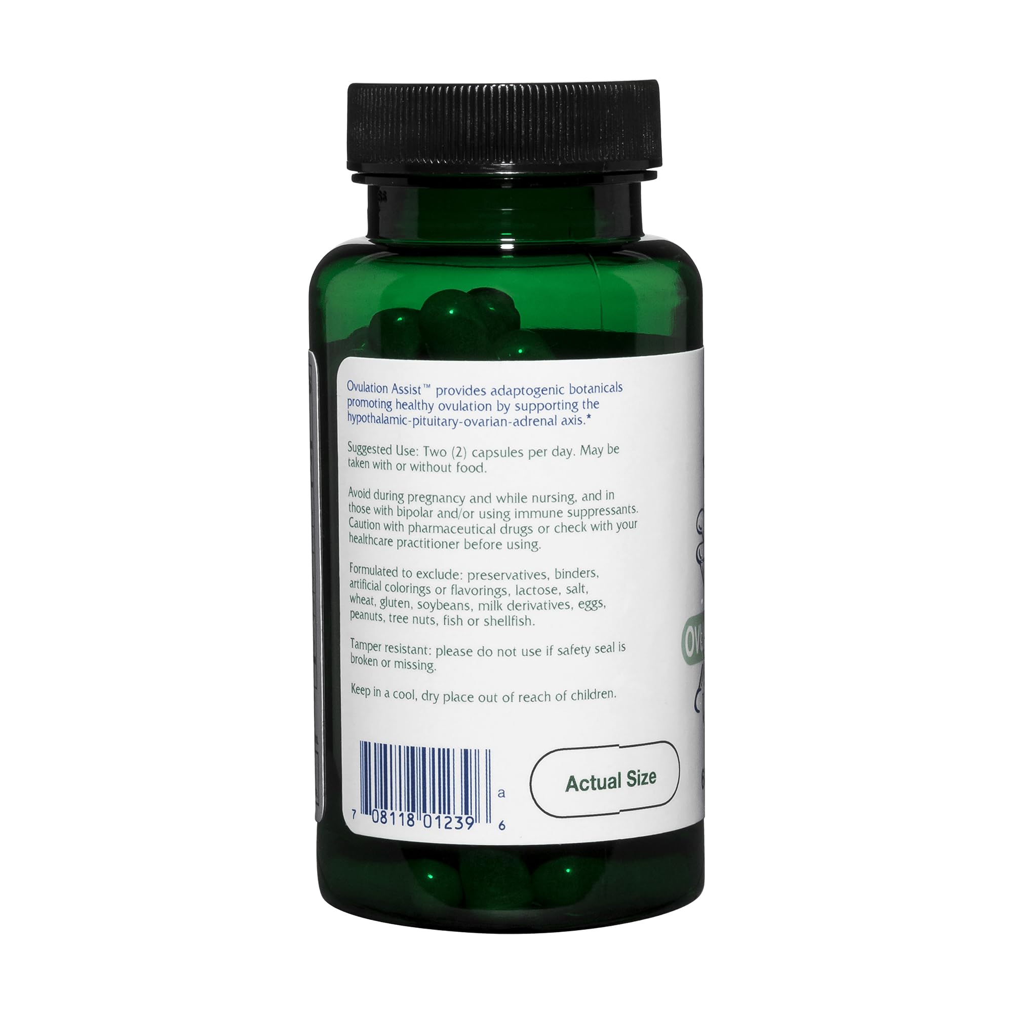 Vitanica Ovulation Assist capsules close-up highlighting plant-based ingredients.