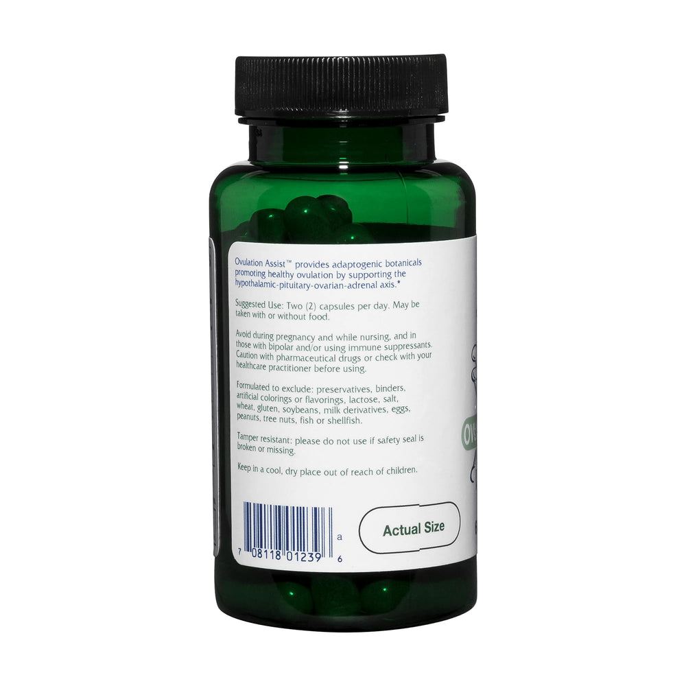 Vitanica Ovulation Assist capsules close-up highlighting plant-based ingredients.