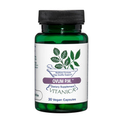Vitanica Ovum P.M. bottle front showing vegan antioxidant formula for egg quality support.