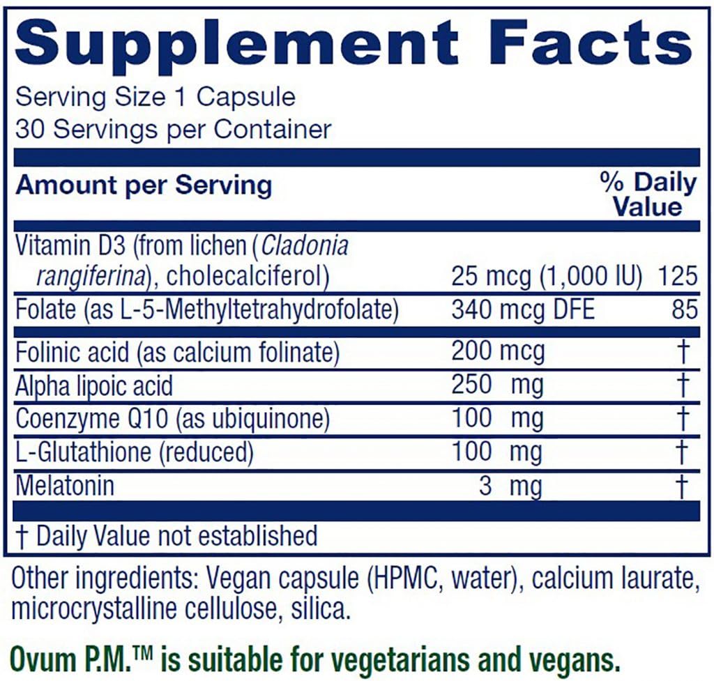 Ovum P.M. bottle rear with supplement facts highlighting methylfolate and melatonin.