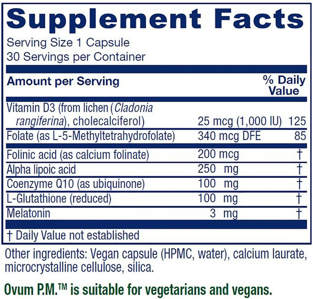 Ovum P.M. bottle rear with supplement facts highlighting methylfolate and melatonin.