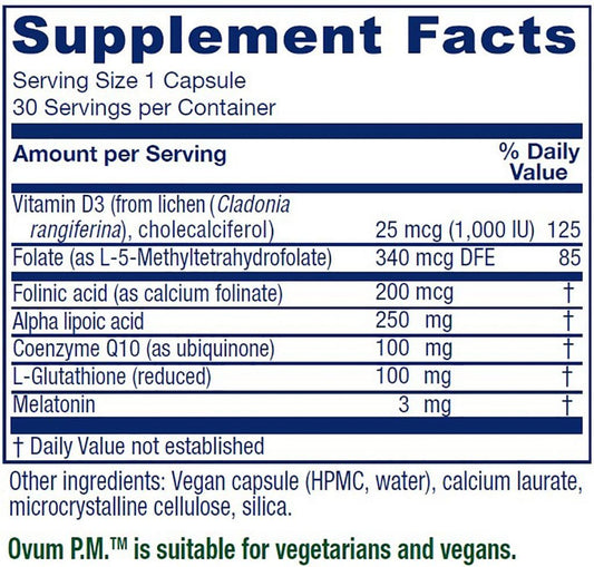 Ovum P.M. bottle rear with supplement facts highlighting methylfolate and melatonin.
